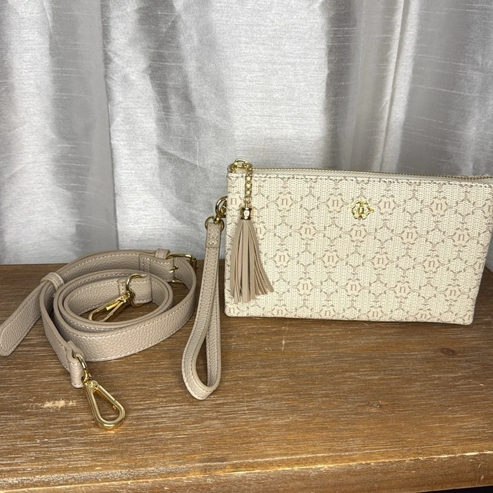 Nanette Lepore Triple Section Almond Pebble Faux Leather Monogram 2 Way Wear Bag